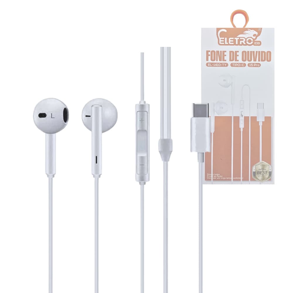 Fone de Ouvido Intra Auricular TIPO-C Com Fio e Microfone Estéreo 15 PRO Eletromex EL-1410-TY