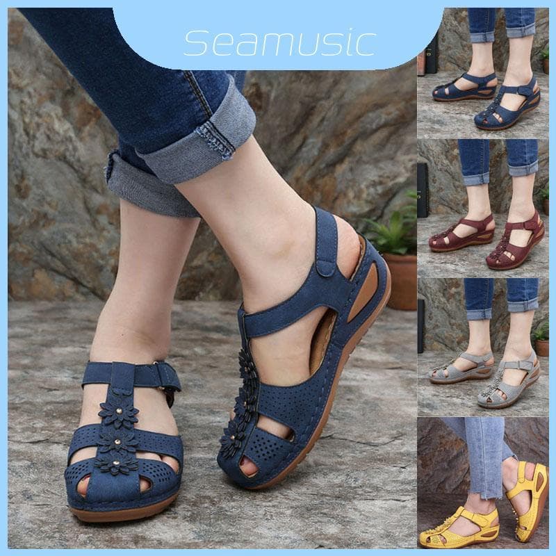 Sandálias Femininas Redondas Confortáveis Com Salto Cunha E Design Oco Elegante Passeios Ideais Para O Verão