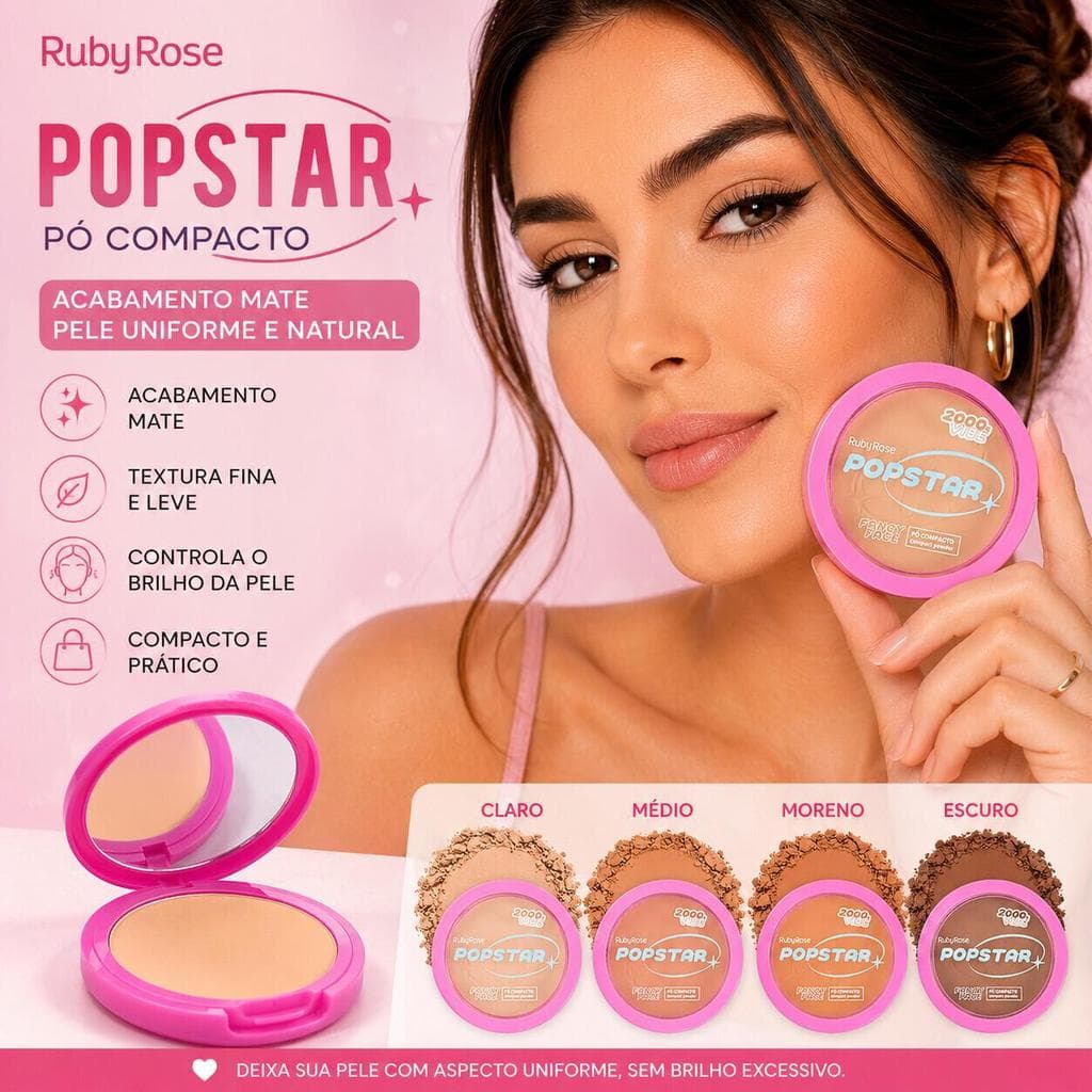 Pó Compacto Fancy Face PopStar Ruby Rose HBM406 - Textura Leve para Acabamento Suave