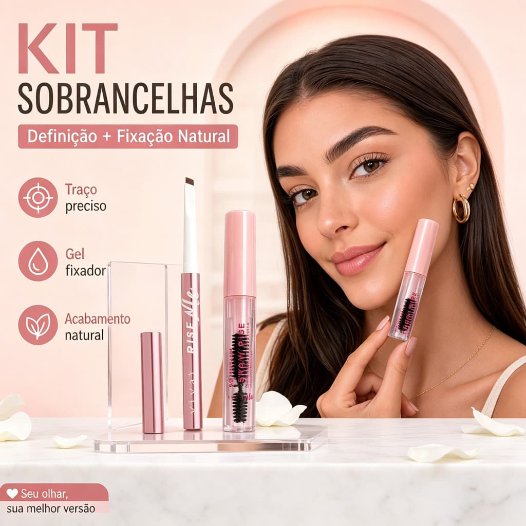Kit Sobrancelhas 2 em 1 – Lápis Retrátil Vivai + Gel Fixador Ruby Rose – Para o Dia a Dia