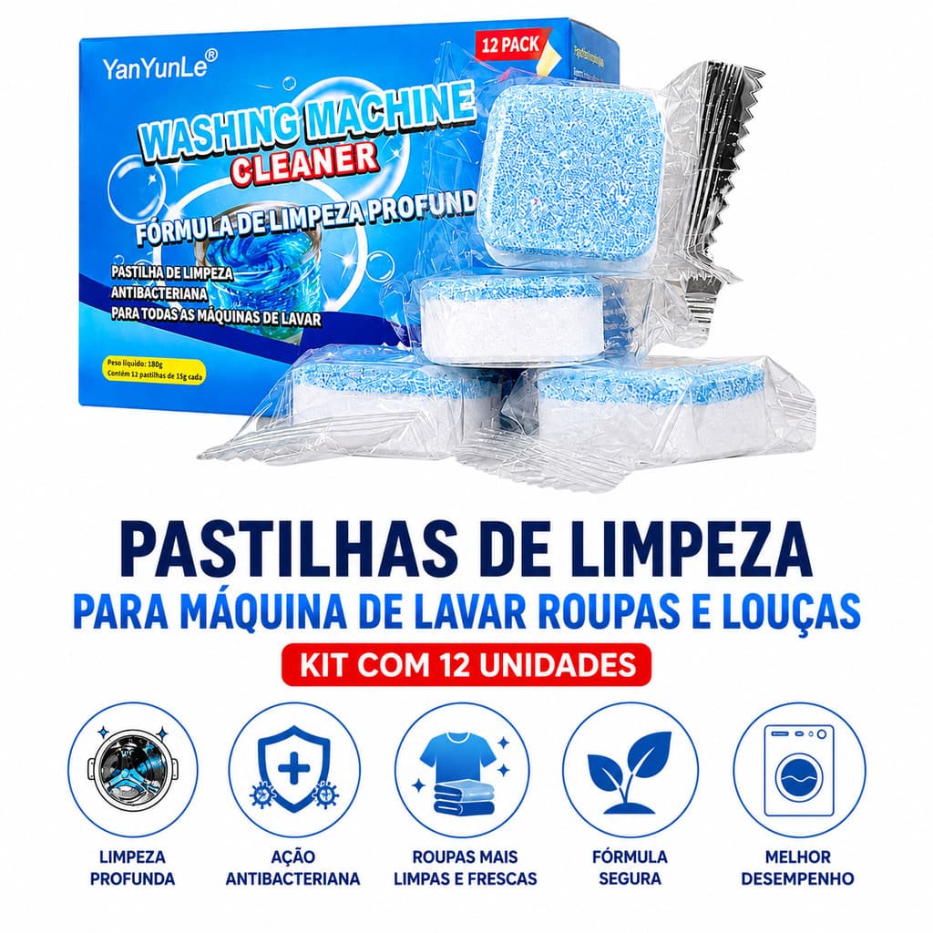 Pastilhas Limpeza Kit 12 Unidades Máquina de Lavar Efervescente Removedor de Sujeira e Odor