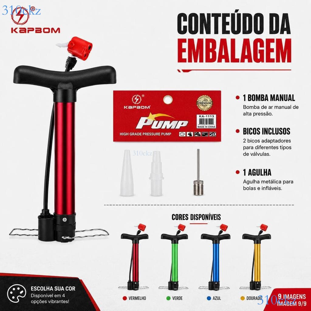 Bomba de Ar Manual 50cm Alta Pressão KAPBOM, Portátil com Bicos para Bicicleta, Moto, Pneus e Bolas Infláveis ✨cr8n000
