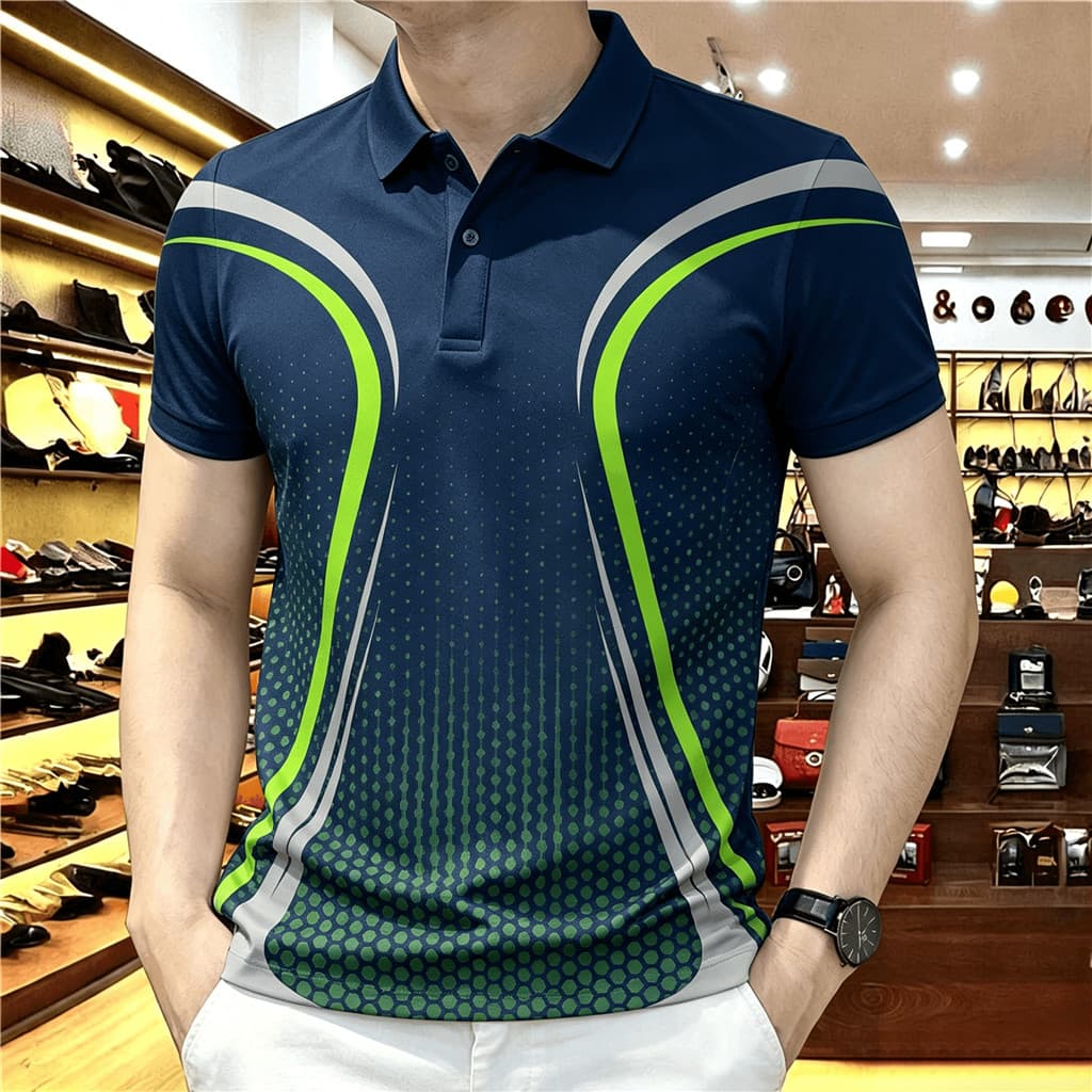 Camisa Polo Masculina Atlética , Listras Curvas E Estampa Gradiente De Pontos , Distintivo De Cavalo , Manga Curta , Sec