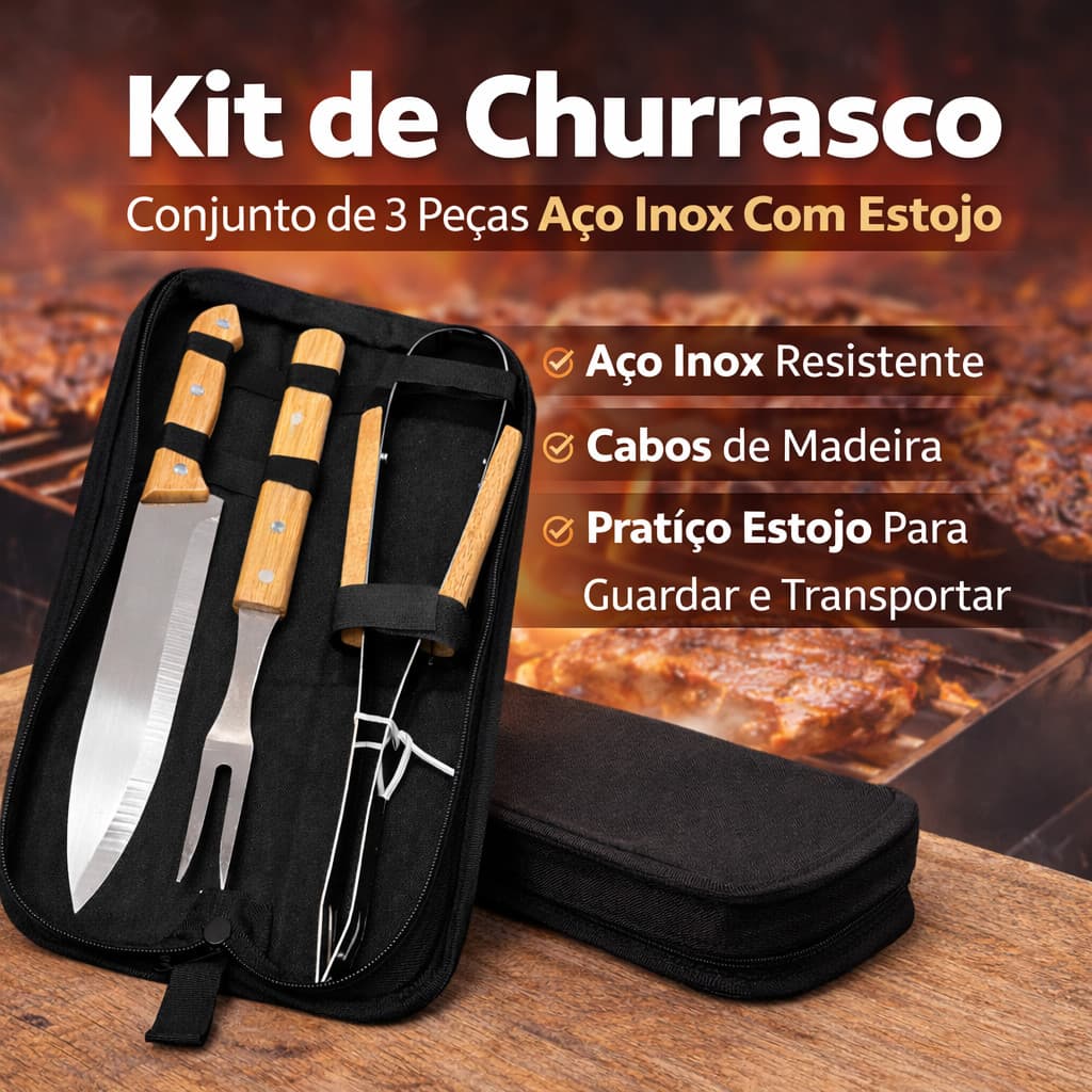 Kit de Churrasco 3 Peças Aço Inox com Cabo de Madeira Utensílios para Churrasco Resistente Durável para Grill  Churrasco