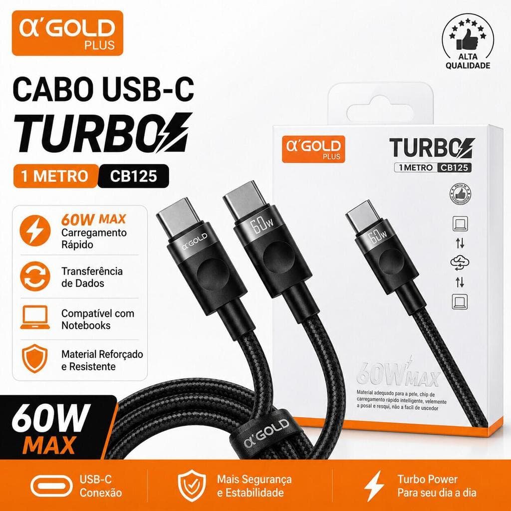 Cabo USB-C A'GOLD Original CB131 60W Reforçado para Celular Tablet e Notebook