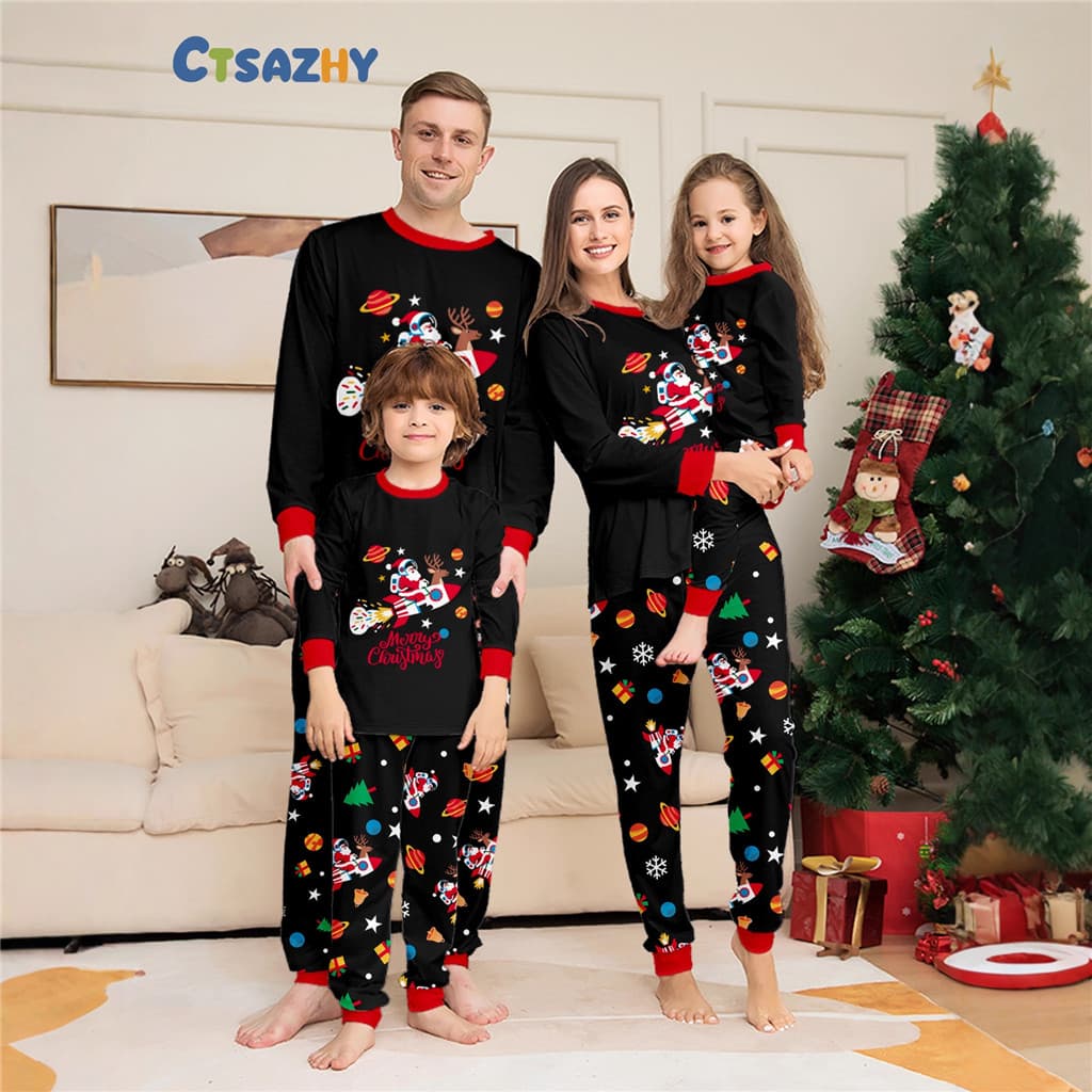 Natal Wear Família Combinando Conjunto De Pijama Pai Manga Longa Topo + Calças Crianças Foguetes De Impressão 2 Peças Te