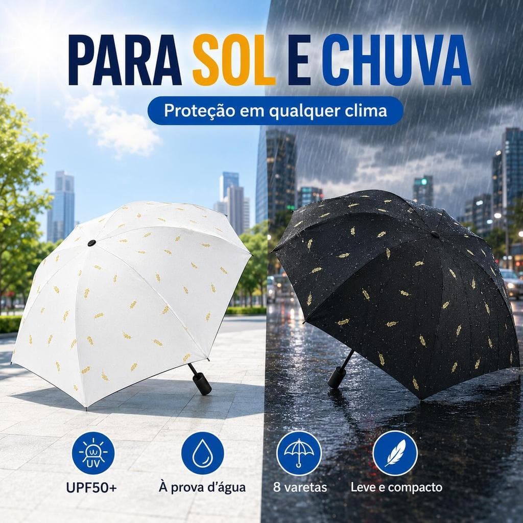 Guarda-Chuva Dobrável Compacto 97cm com 8 Varetas Abertura Manual Estampa de Penas Branco ou Preto para Chuva e Sol