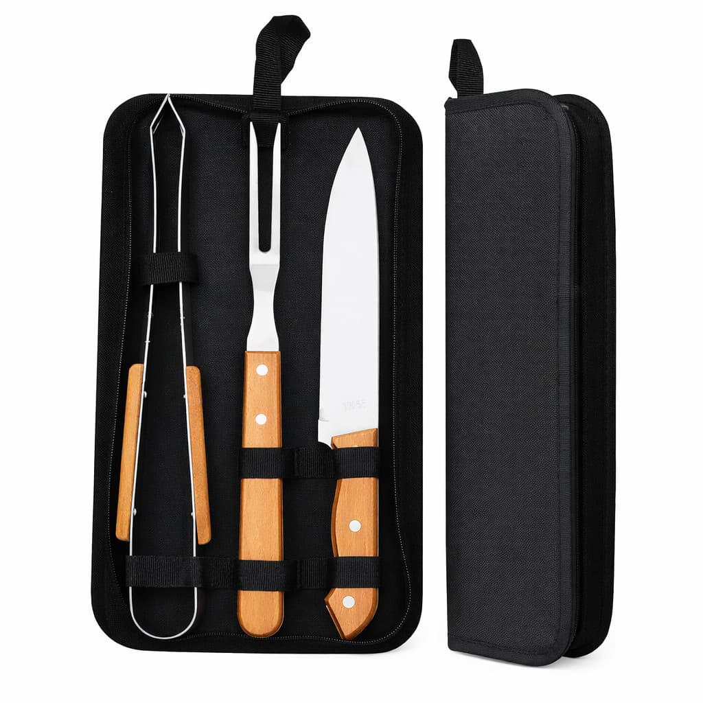 Kit de Churrasco 3 Peças em Aço Inox com Cabo de Madeira