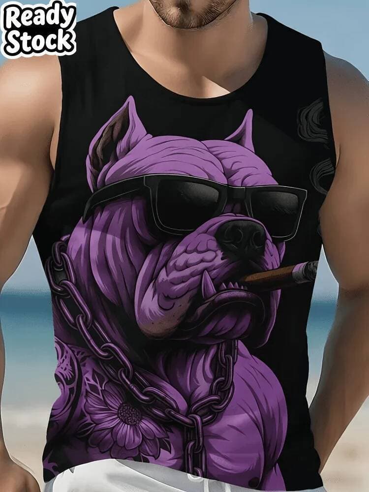 Moda Masculina 3D Bulldog Impressão Sem Mangas Coletes Hip-Hop Homem Streetwear Praia Estilo Masculino Regata Verão Casu