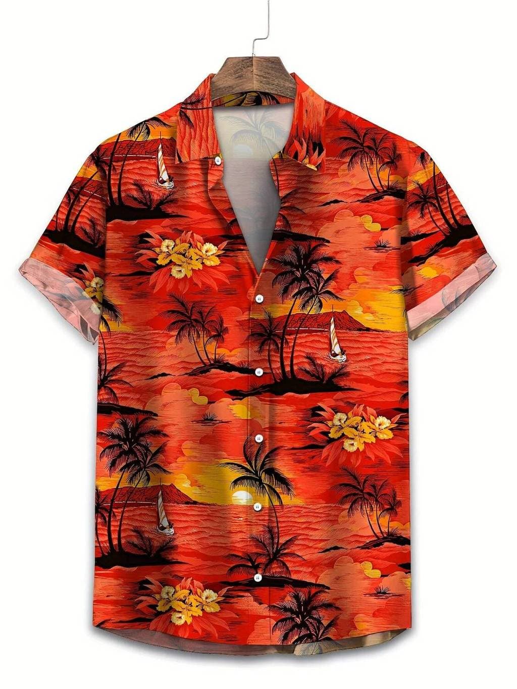 Camisa Masculina Vermelha Tropical Pôr Do Sol Palmeira Estampa De Manga Curta Casual Havaiana Com Botões Para Homens Rou