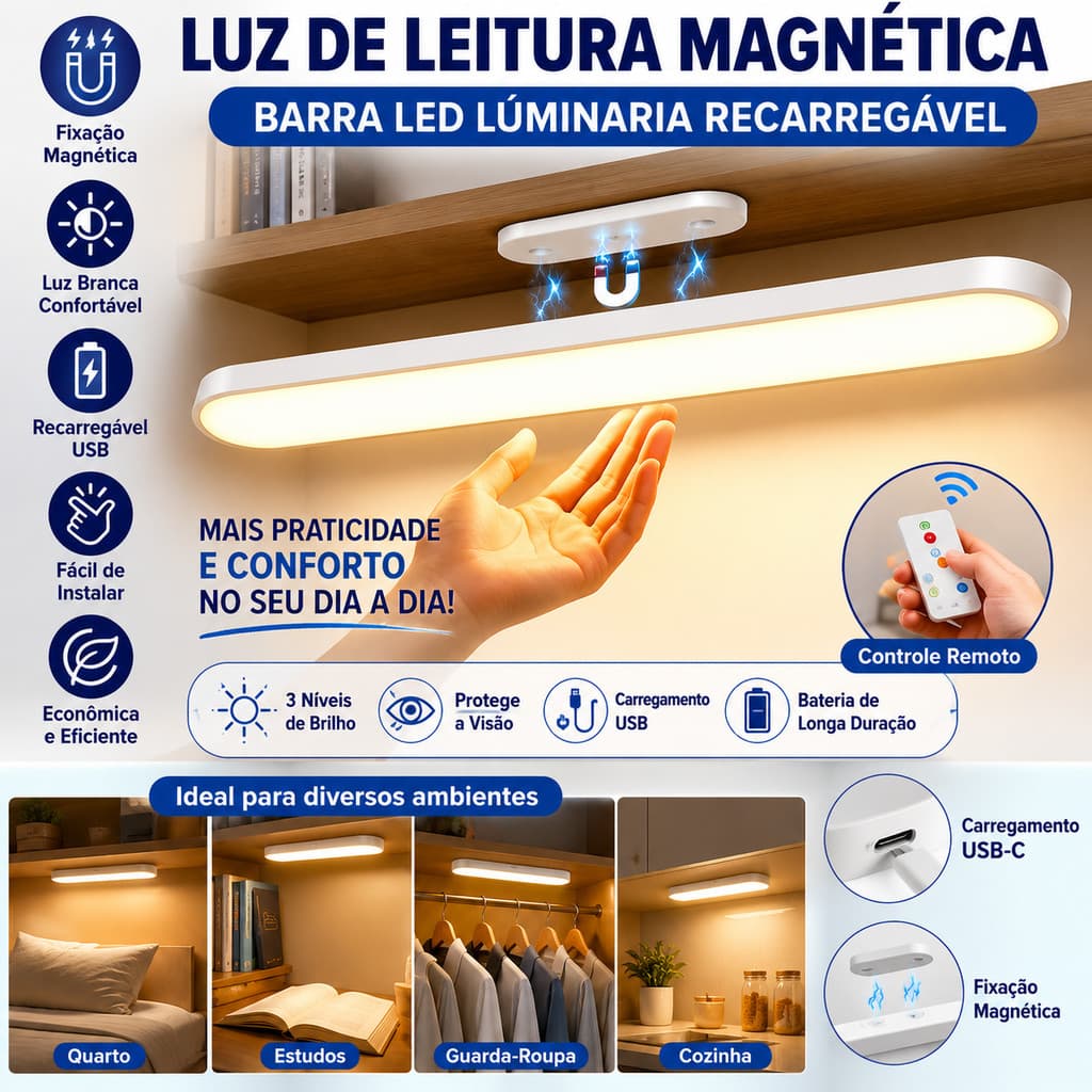 Luz de Leitura Magnética Barra LED Recarregável com Controle Remoto – Iluminação Prática e Sem Fios