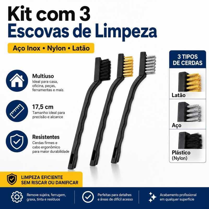 Kit Escovas Multiuso Aço Latão Nylon Cabo Plástico Limpeza Churrasqueira Fogão Grelhas