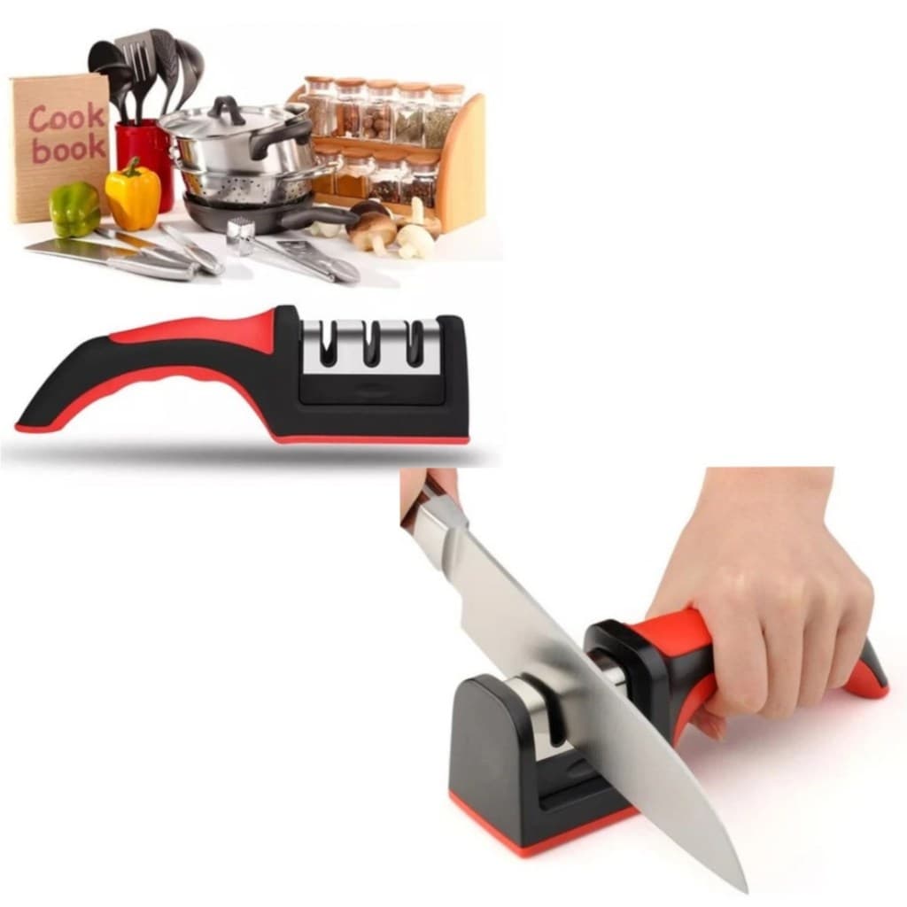 Afiador Amolador de Facas em Aço Inox com 3 Afiadores Base Emborrachada Linha Profissional