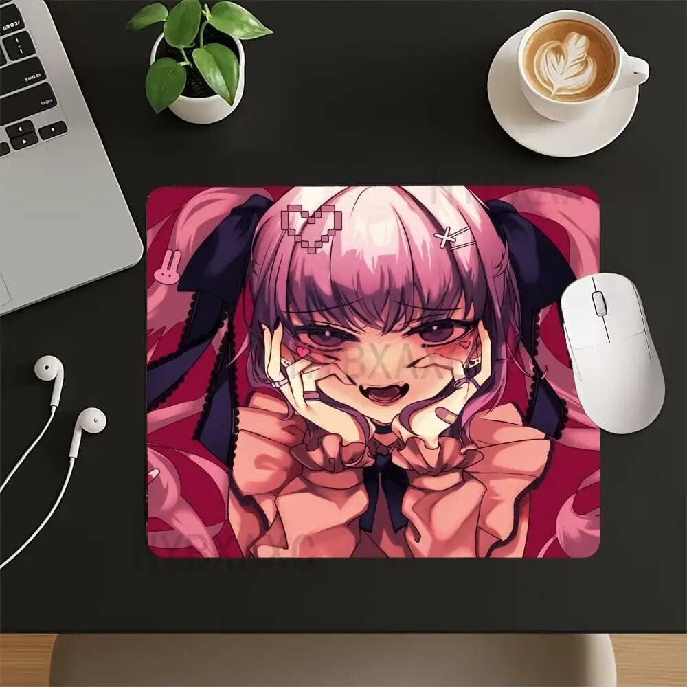 HYBXAXC Pequeno Mouse Pad De Borracha Antiderrapante Para Jogos De Escritório Cabelo Rosa Olhos Vermelhos Anime Menina T