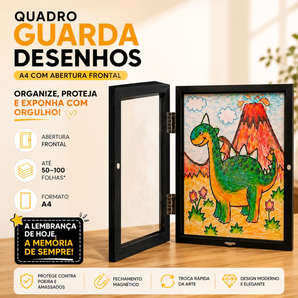 Quadro Guarda Desenhos A4 Infantil Moldura Expositora Porta Desenhos Abertura Frontal Magnética Parede