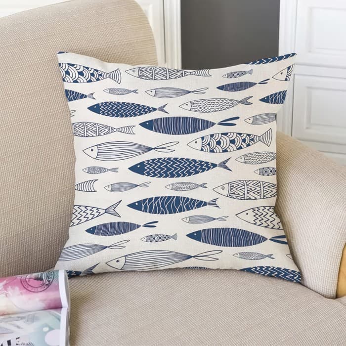 Fronha 1pc Azul Peixe Padrão Linho-Capa De Almofada Quadrada Decorativa Para Sofá Ou Cama , Um Lado