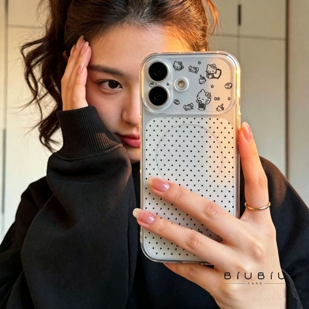 Capa desenhos minimalistas Hello Kitty bolinhas pretas MagSafe para iPhone 11 12 13 14 15 16 17 Pro Max Plus