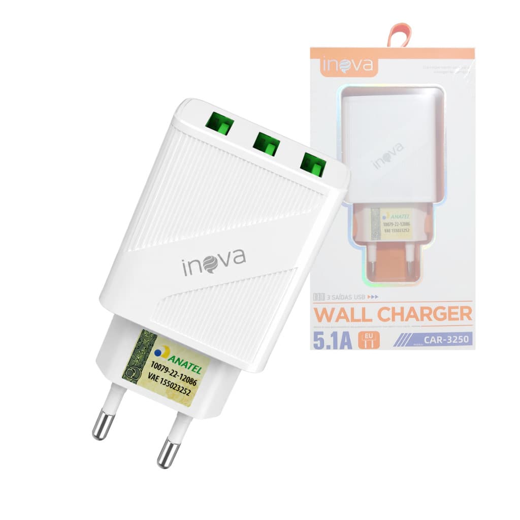 Carregador Turbo 5.1A com 3 Entradas USB Bivolt INOVA CAR-3250