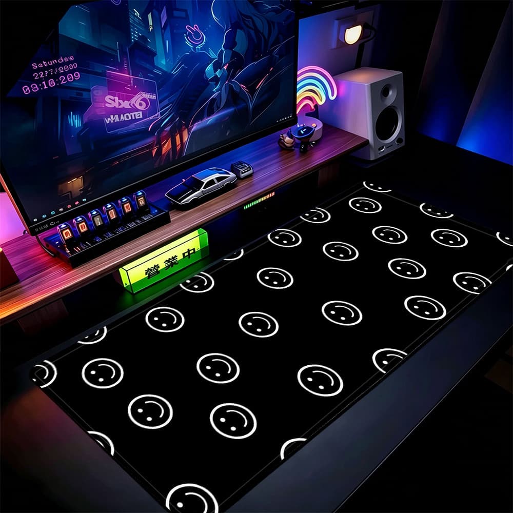 Mouse Pad Preto E Branco Com Rosto Sorridente , 80x30cm , Tapete De Mesa Estendido Para Jogos , Base Antiderrapante , Bo