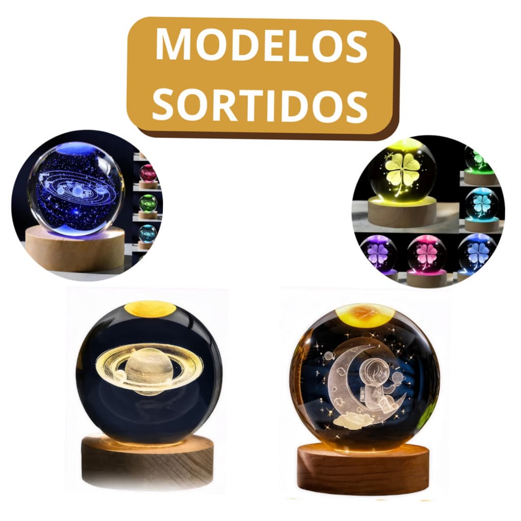 KIT 4 Lúminárias 3D Diferentes De Mesa RGB Ou Cor Quente Bola Cristal Modelos Sortidos Presente