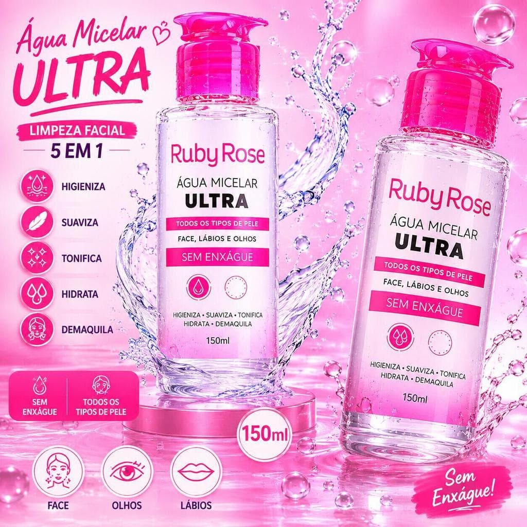 Água Micelar Ruby Rose HB300 - Limpeza Suave e Refrescante para o Rosto