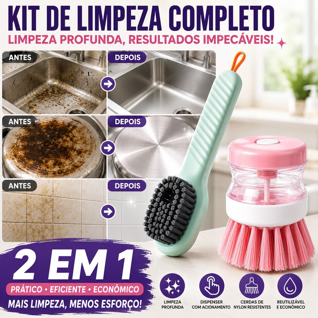 Kit Escova de Limpeza com Dispenser de Detergente e Escova de Cabo Longo – Ideal para Cozinha e Banheiro