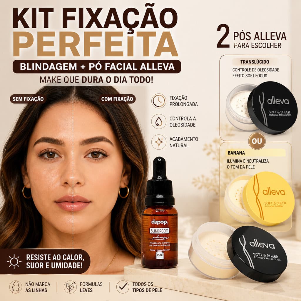Kit Dapop Blindagem Fixador + Pó Facial Alleva Soft Focus/Banana Para Preparar e Finalizar a Make