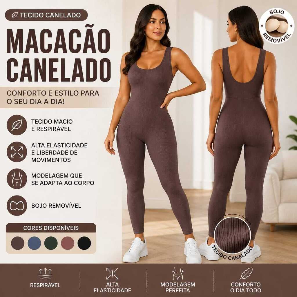 Macacão Fitness Feminino Sem Costura Canelado Modelador Compressão Barriga Bojo Removível -B23