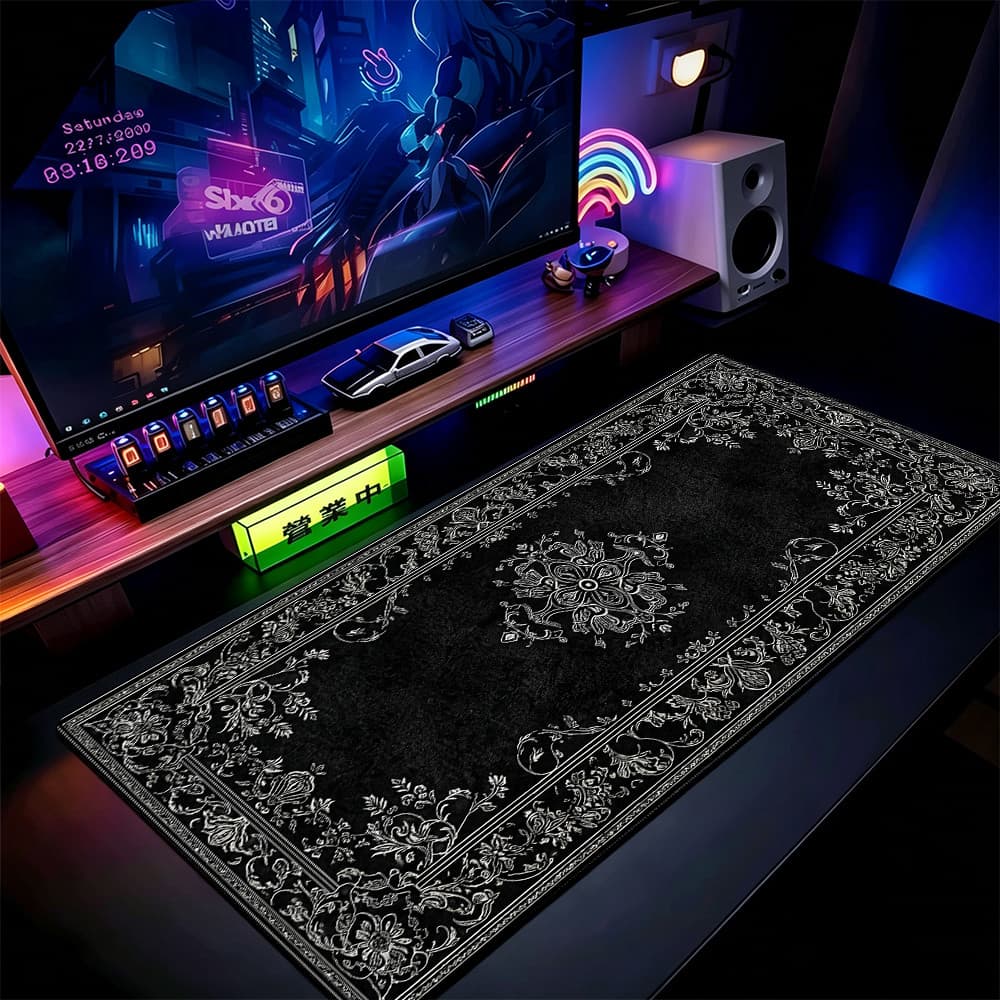 Mouse Pad Floral Preto E Branco 80x30cm Tapete De Mesa De Jogos Estendido Base Antiderrapante Bordas Costuradas