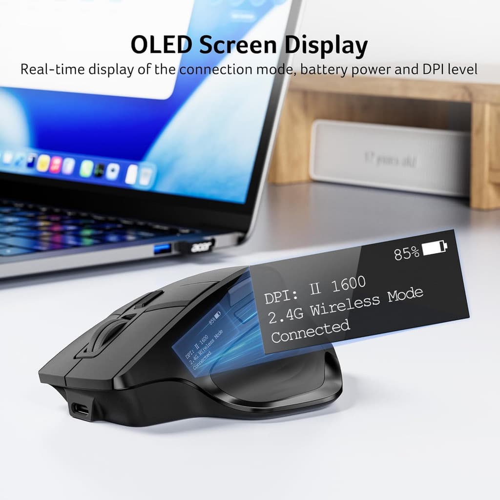JOMAA Dual Mode Gaming Mouse Ergonômico Bluetooth Recarregável Sem Fio Com Display OLED Programável Para Home Office