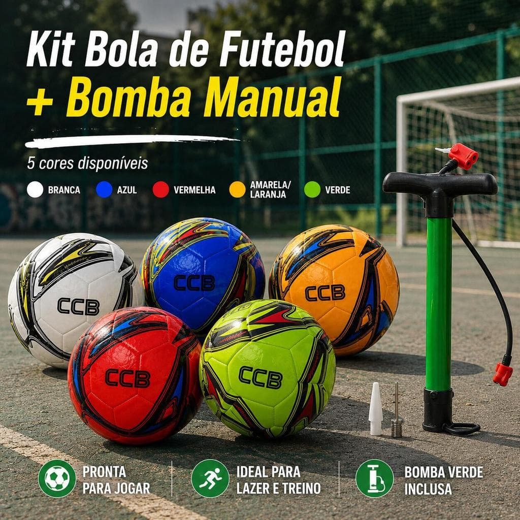Kit Bola de Futebol CCB + Bomba de Ar Verde – 5 Cores para Rua, Quadra, Parque e Lazer