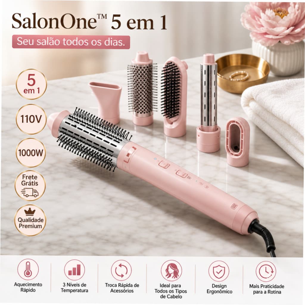 SalonOne™ Escova Secadora 5 em 1 1000W 110V - Seca, Alisa,
