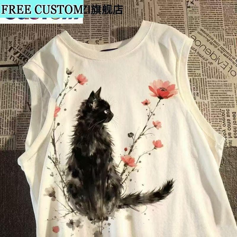 Regatas Plus size Sem Mangas , Regata Vintage Para Homens Versátil Casual Estampada Casal De Gatos Masculina De Basquete