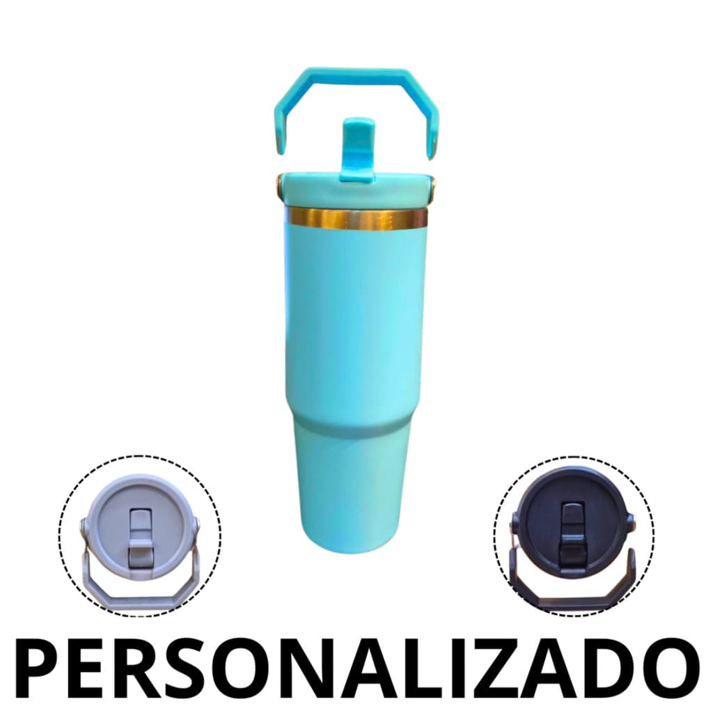Personalizado - Garrafa Flip Straw Tumbler com Alça Superior e Canudo (900ml) - Verde Água