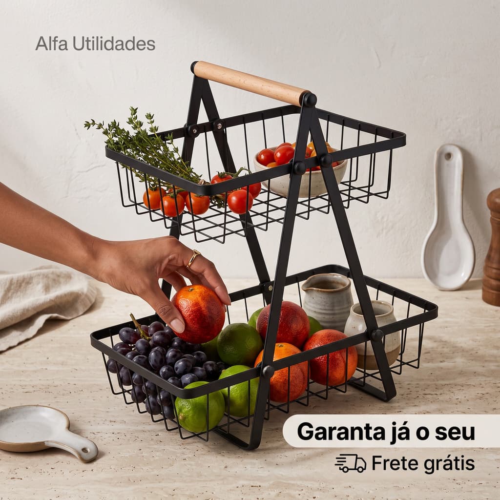Fruteira 2 Andares Aço Inox Madeira Organizador Mesa
