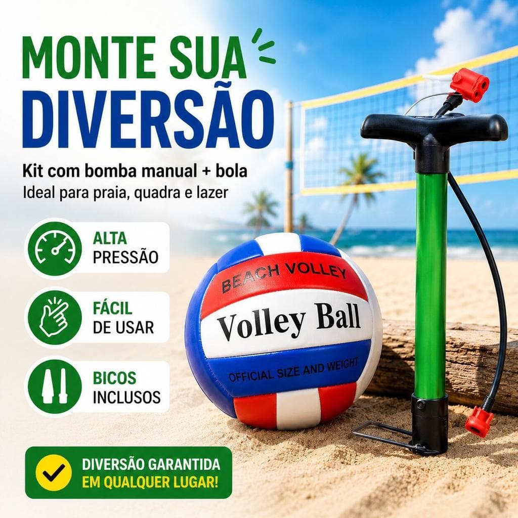 Kit Bola de Vôlei de Praia + Bomba Manual 50cm – Com Bico Incluso, Ideal para Praia e Quadra