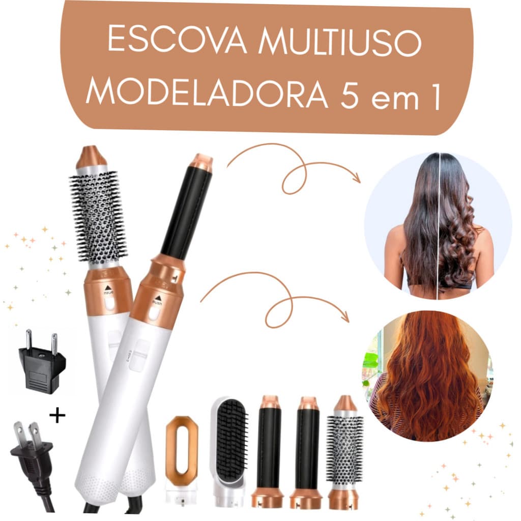 PREMIUM Branca c/ Dourada - Escova 5 em 1 Multiuso 110V - Seca, Modela, Alisa e Penteia