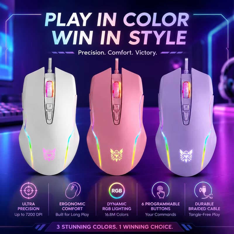 7 Botões RGB Gaming Óptico 6400DPI Retroiluminado Ergonômico Colorido Mouse Com Fio Para Computador Portátil Desktop Ace
