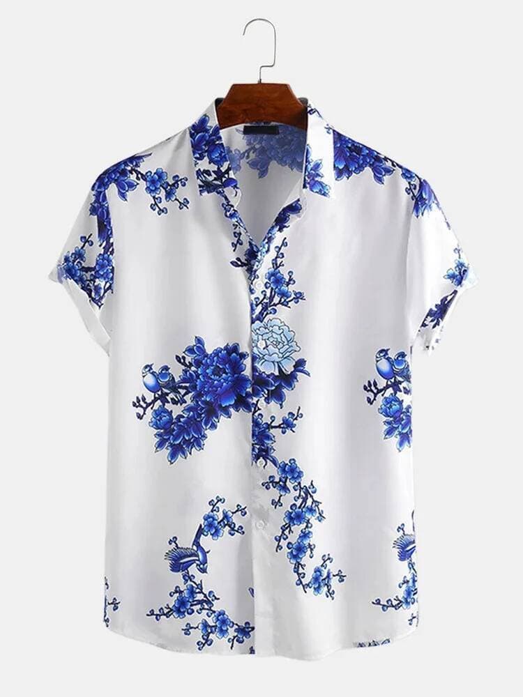 E Camisa Estampada Masculina Sudeste Asiático Casual Pintura A Tinta Flor De Ameixa Lapela De Manga Curta S-3XL