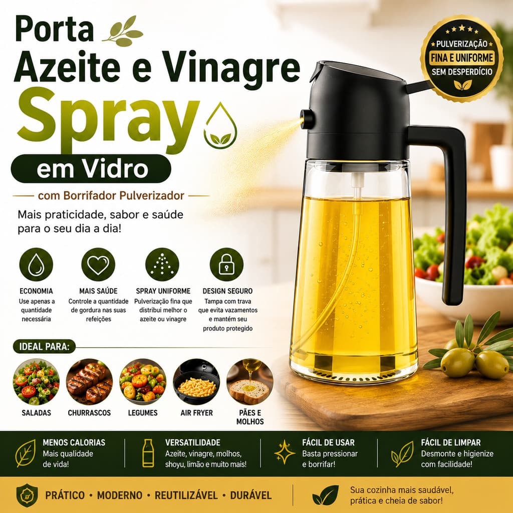 Porta Azeite e Vinagre Spray em Vidro 470ml – Borrifador Pulverizador para Cozinha