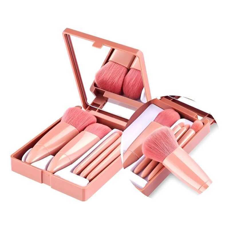 Kit Pincéis de Maquiagem 6 Peças Rosa Compacto e Portátil com Espelho Integrado Ideal para Viagem