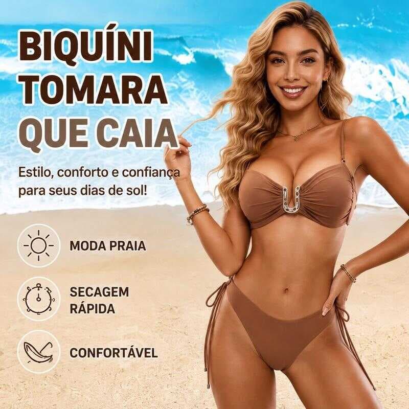 Biquíni Feminino Conjunto Bojo Removível Fivela Metálica U Alças Ajustáveis Moda Praia Verão
