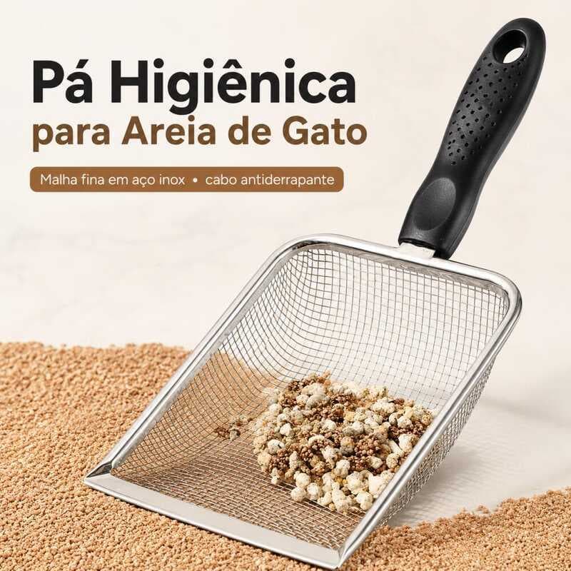 Pá Coletora de Areia para Gato Aço Inox Peneira Fina Cabo Antiderrapante Pet