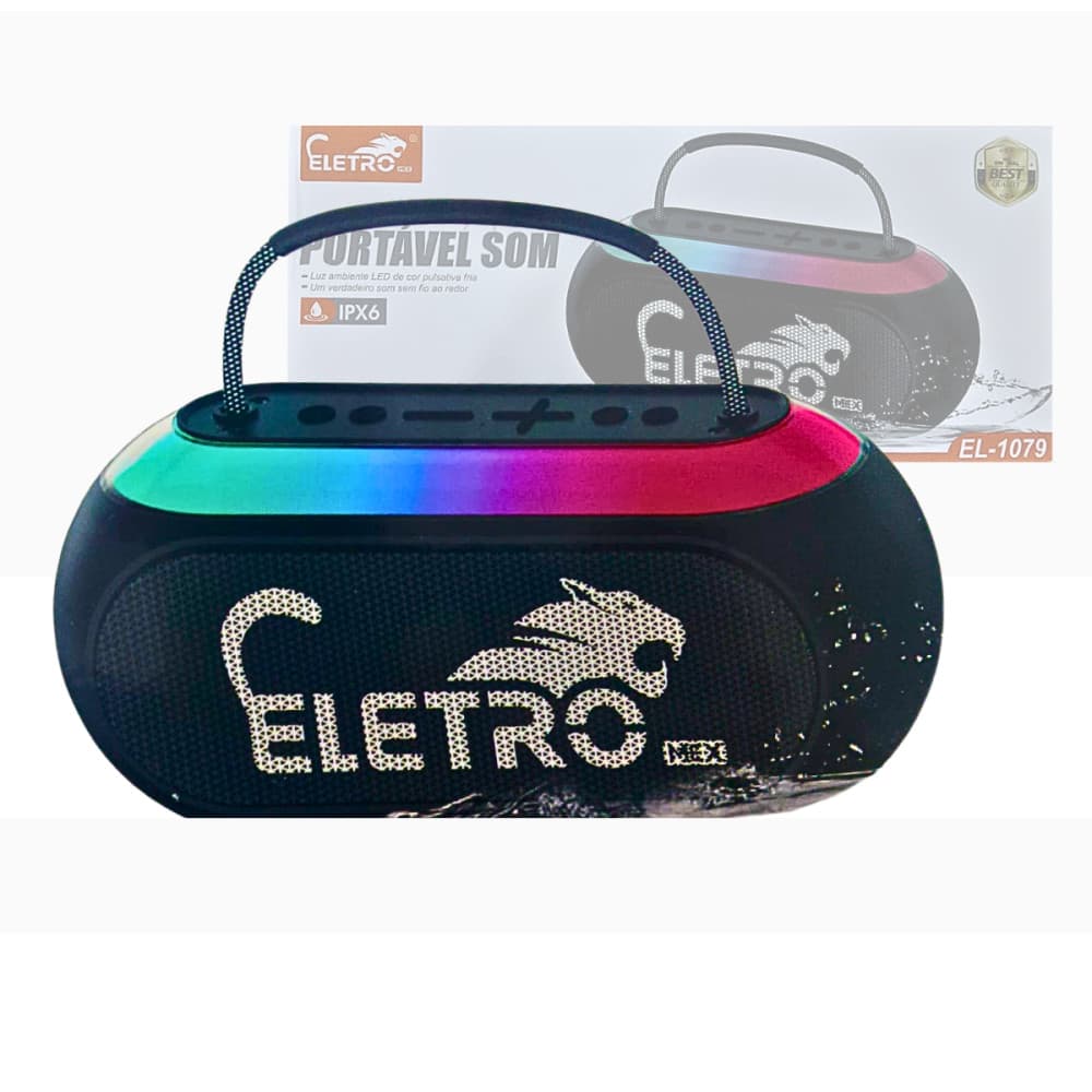 Caixa De Som Com Alça Bluetooth V5.1 Portátil À Prova D'água 50W Luzes LED RGB TWS Eletromex EL-1079