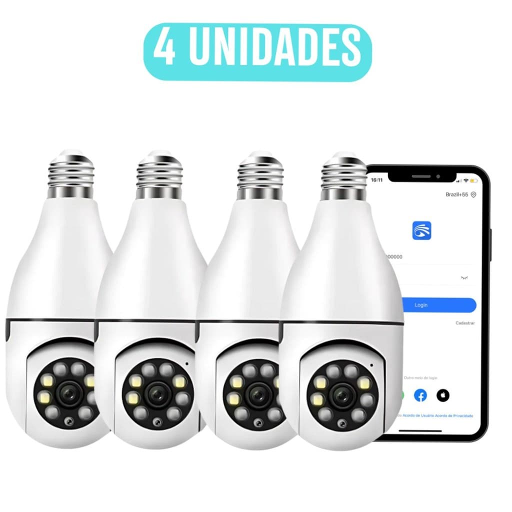 Kit 4 Câmeras Lâmpada WiFi 360° Full HD Visão Noturna