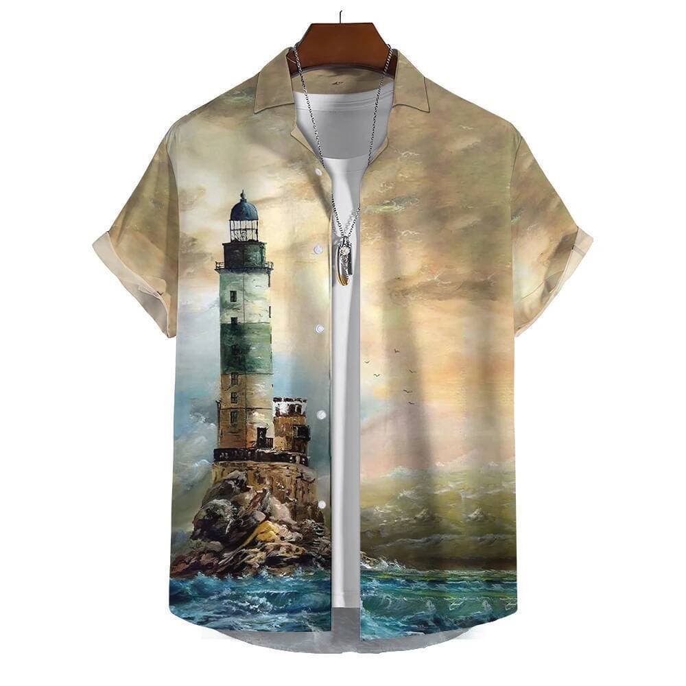 Camisa De Verão Para Homens Farol 3d Impresso Roupas Masculinas Soltas Oversized Praia Festa Manga Curta Topos Havaí Mol