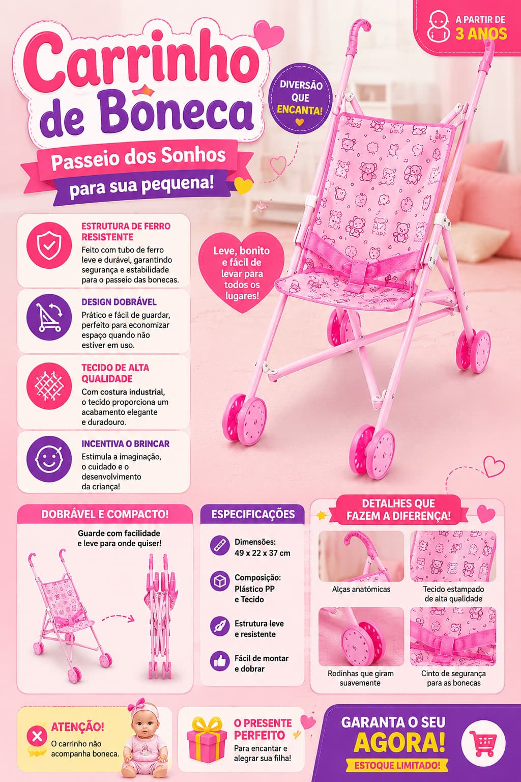 Carrinho De Boneca Bebe Reborn Brinquedo Infantil Passeio