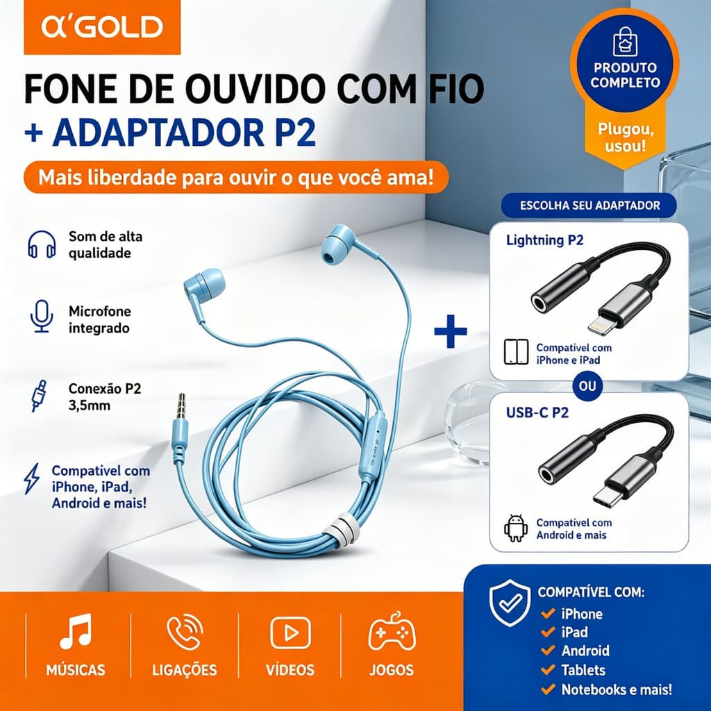 Kit A'GOLD Fone de Ouvido com Fio P2 e Adaptador Lightning/Type-C – Compatível com Celulares e Tablets FN-A27+CBA-12/13