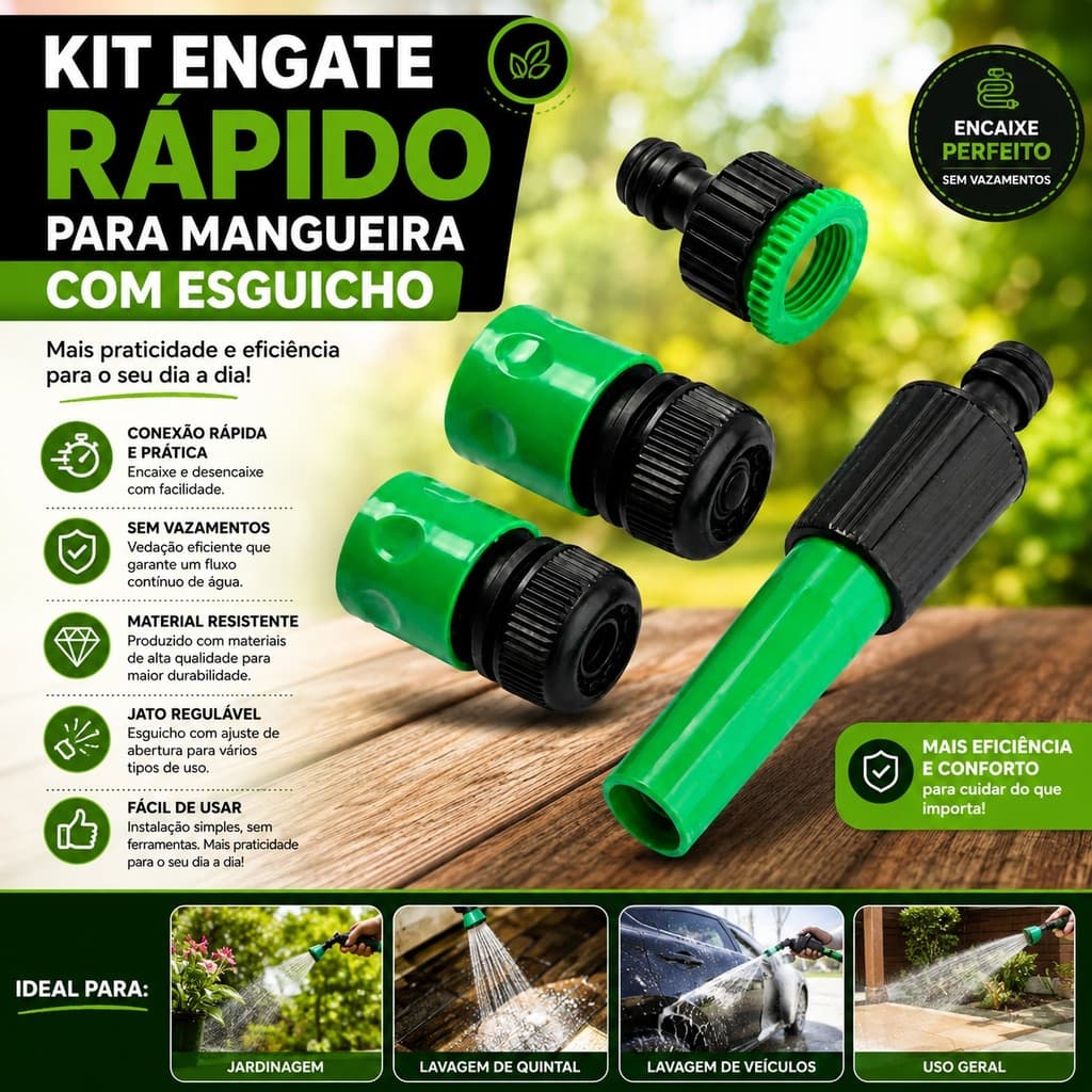 Kit Engate Rápido para Mangueira com Esguicho Regulável 4 Peças | Conexão Fácil e Sem Vazamentos