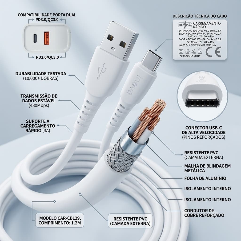 Carregador Completo Rápido 40W USB / TIPO-C de 1 Metro INOVA CAR-3163C